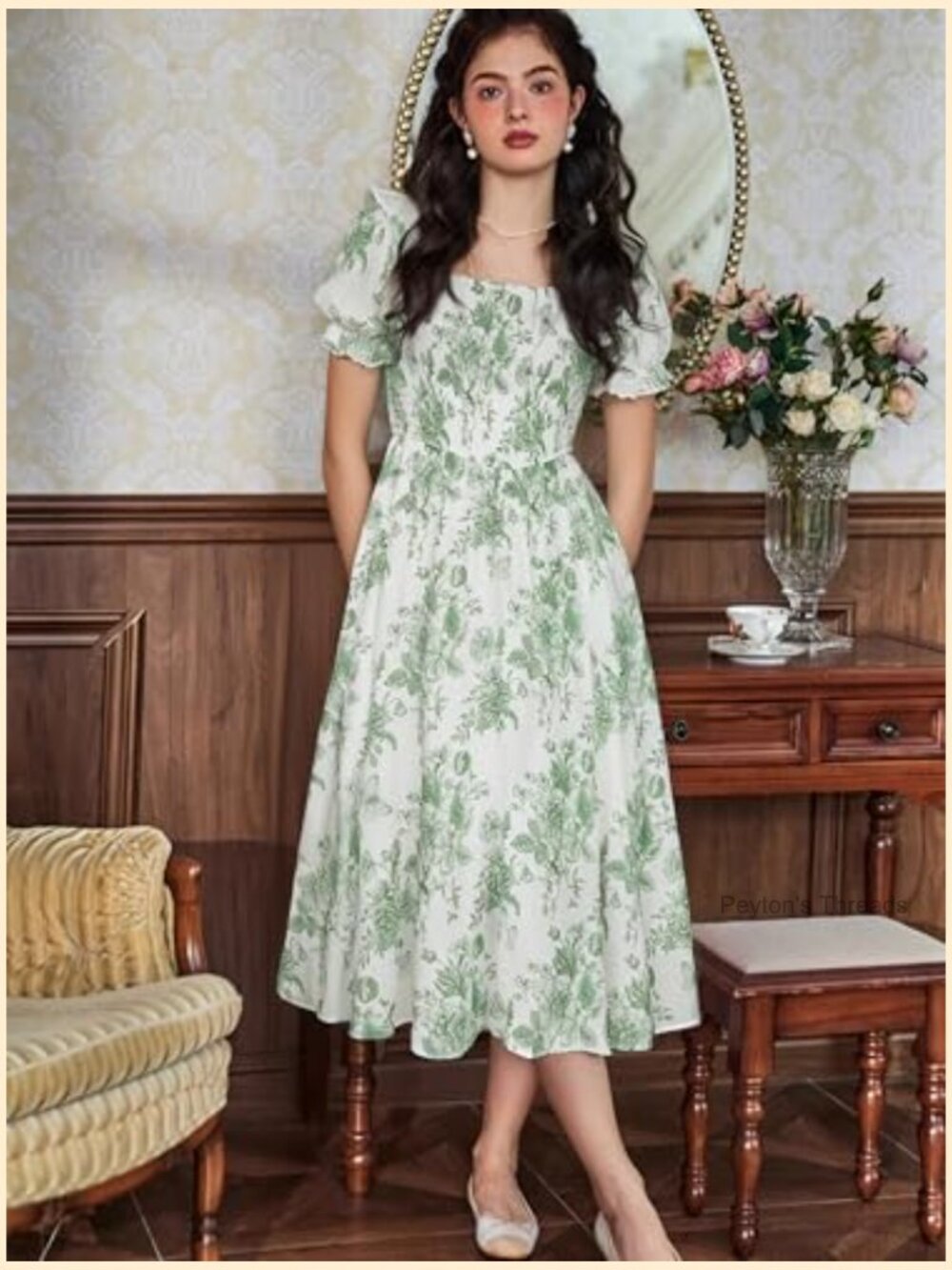 Women's Floral Puff Sleeve Square Neck A-Line Midi Dress Smocked Cottagecore - Picture 2 of 7
